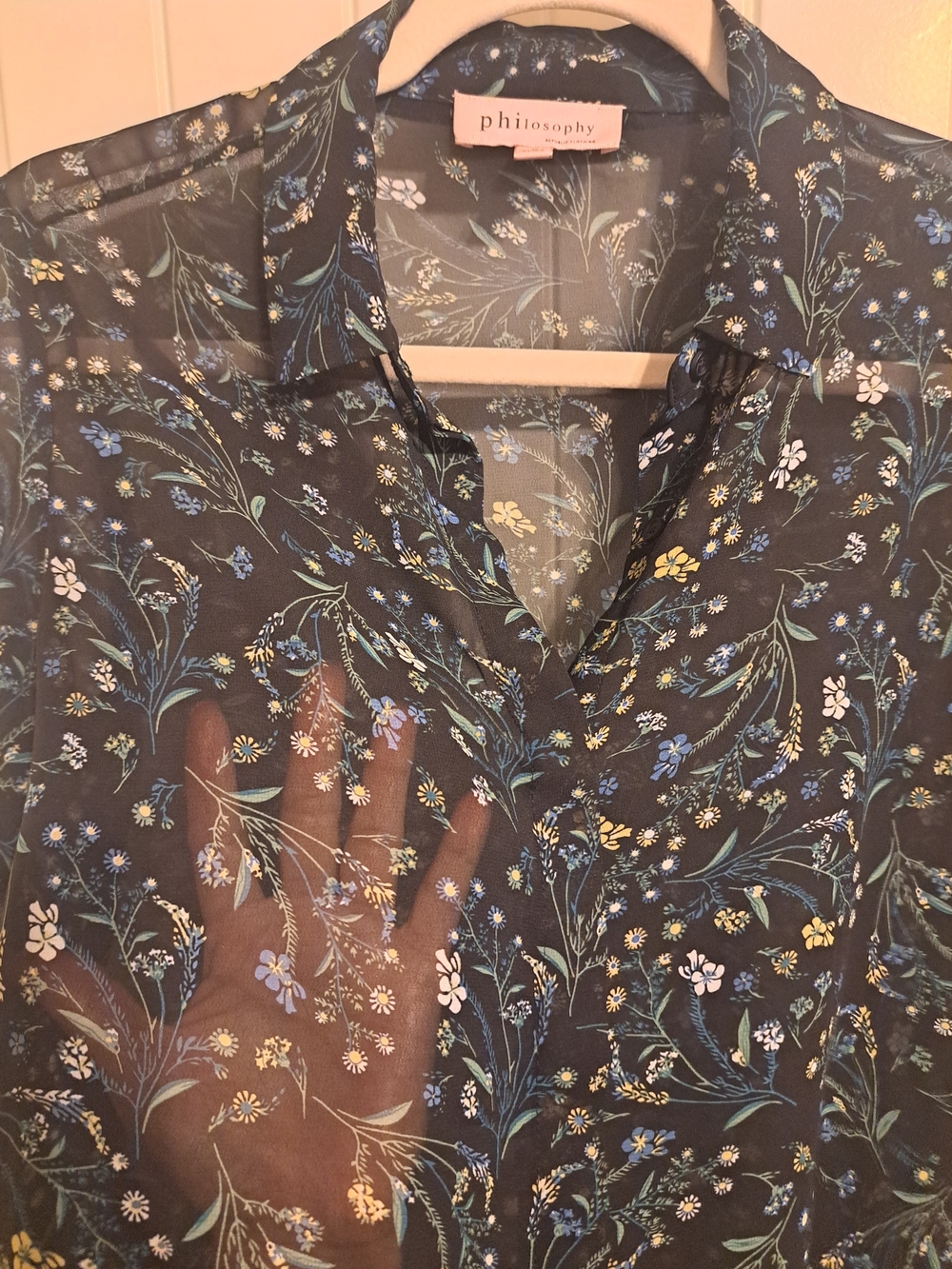 Philosophy Navy Sheer Floral Button-Up Blouse with Blue & Cream Accents - Picture 3 of 9